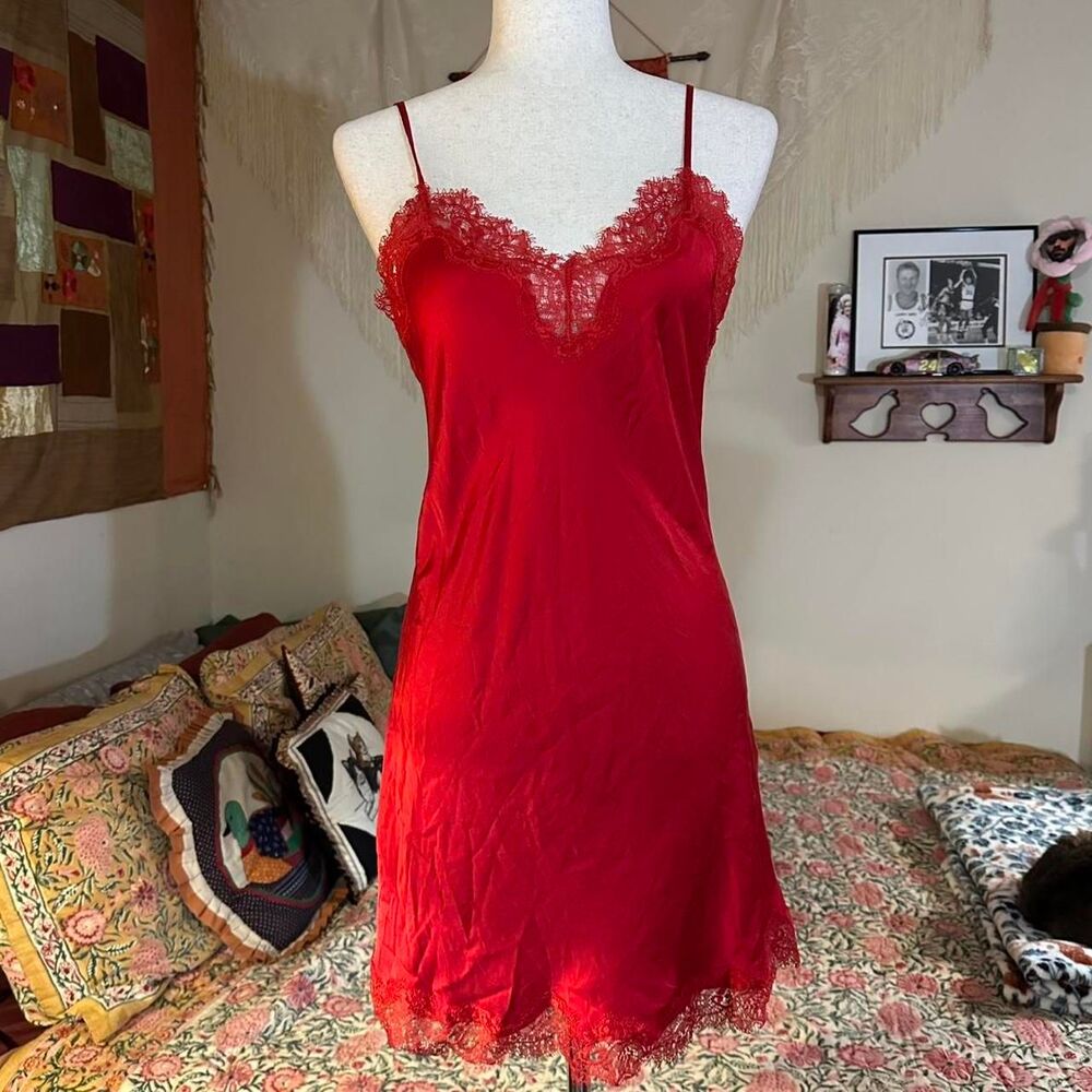 Sainted Sisters Red Silk Chemise Mini Night Gown With Lace Trim